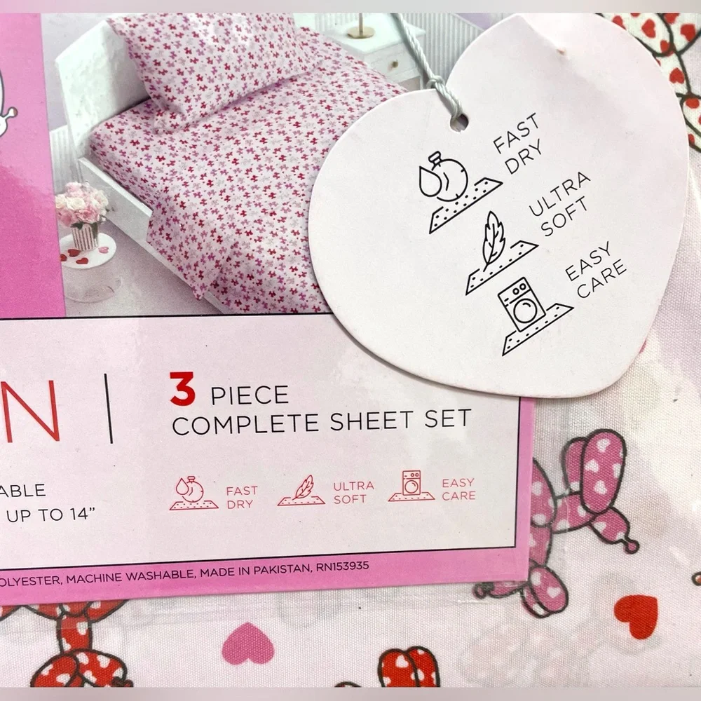 Deep Pocket Balloon-Pups Hearts 3-pc Twin Sheet Set Pink Red Pup Puppies Dog NIP